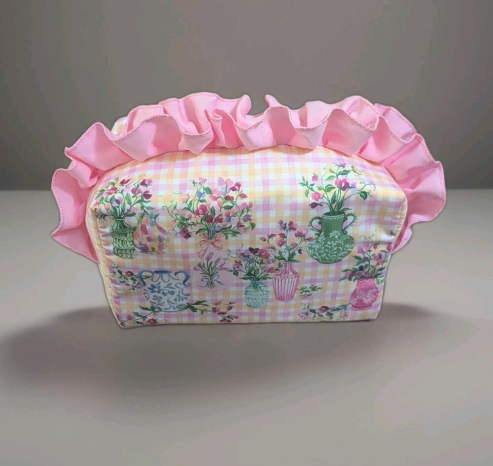 Sweet Pea Cosmetic Bag Pouch Flower Floral Vase Planter Cute Ruffle Pink Trim